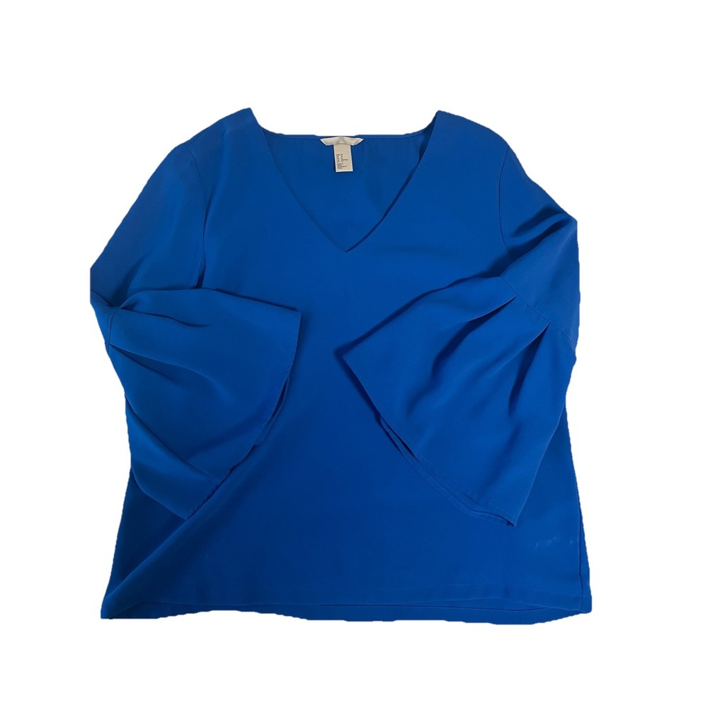 H&M Size 12 Royal Blue Solid V-Neck 3/4 Bell Sleeve Blouse Bright Colorful Work